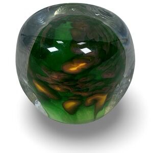 Artisan Signed Green Amber Art Glass Paperweight Sphere 2004 Signed Orb